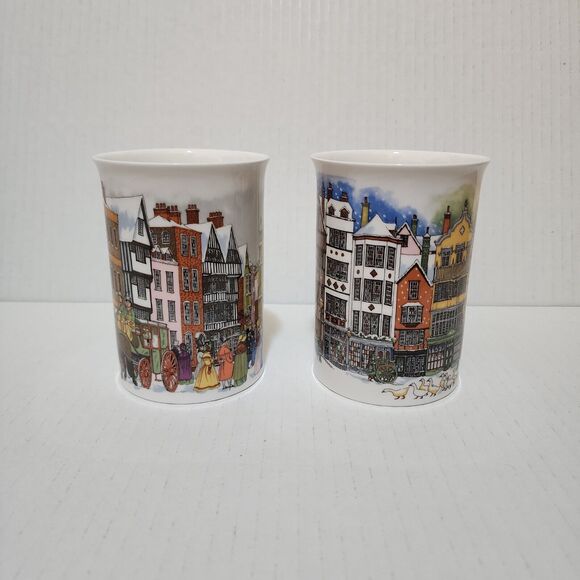 Dunoon Bone China 2 Mugs England Christmastime by Sue Scullard Carriage & Geese - Picture 5 of 7